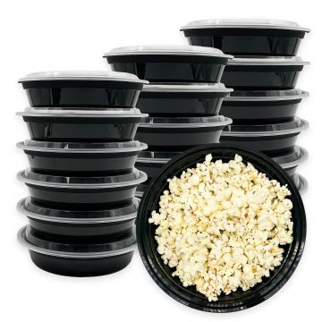 MULMEHË® Round 48 oz.Plastic Take-Out Container & Lid Combo, Black, 9x2.3